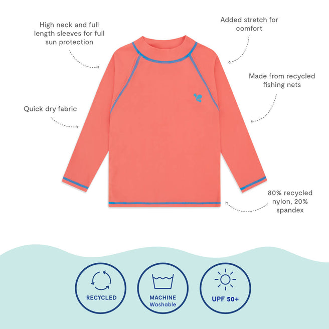 UV Protective Rash Vest Red, long sleeved and high necked for full sun protection. It's made from recycled fishing nets and is machine washable.